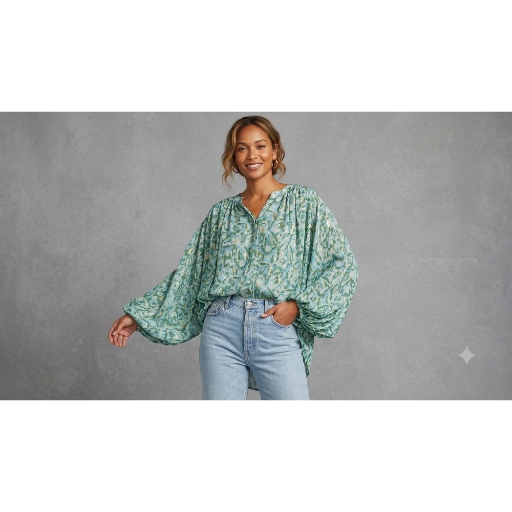 Franco En Crème Green Blue Floral Gold Metallic Dolman Sleeve Blouse sz Small